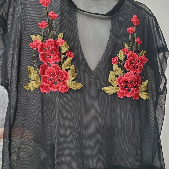Wink Sheer Black Blouse with Red Floral Embroidery - Picture 5 of 5